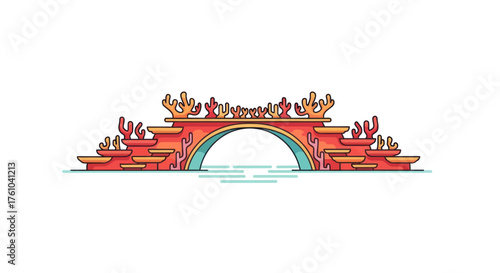 Colorful Cartoon Bridge with Coral Reef Decorations and Arch.