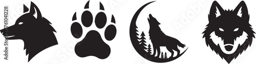 wolf silhouette collection with howling moon paw and front-facing head vector set for wildlife logos and outdoor branding, editable ai eps jpeg png
