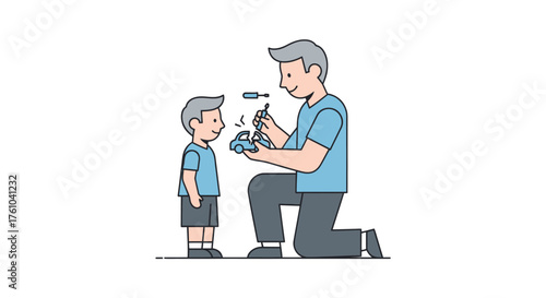 Father and son assembling a toy car together with tools.