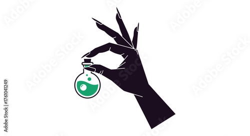 Silhouette Hand Holding Green Potion Bottle with Yin Yang Symbol.