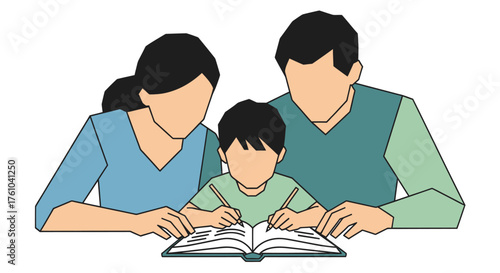 Faceless Family Reading Book Together Flat Vector Illustration.