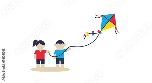 Two children flying a colorful diamond kite in the sky.