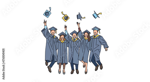 A joyful group of five diverse graduates in blue gowns tossing their caps in celebration.
