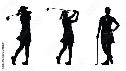 Female golfer silhouettes in three dynamic poses ready for your design project silhouette