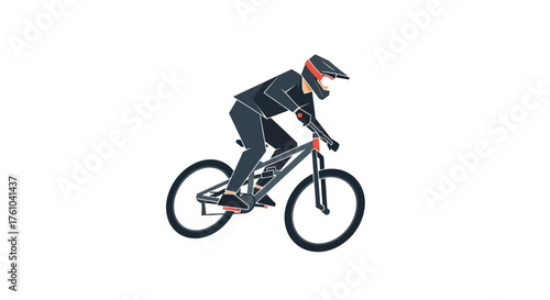 A stylized illustration of a downhill mountain biker in full protective gear riding a full-suspension bike.