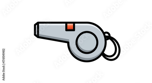 Silver Metal Whistle with Red Accent and Lanyard.