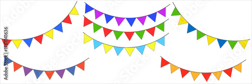 Bright colorful bunting flags garland in rainbow colors. Festive vector decoration perfect for parties, birthdays, celebrations, and carnival designs.