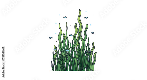 Green Seaweed Illustration with Small Fish Swimming Around.