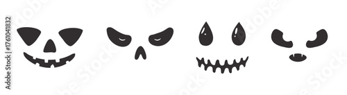 Halloween faces carved in pumpkin. Icons of Jack-o-lantern, monster or ghost faces silhouettes. Spooky character eyes and mouth, vector illustration