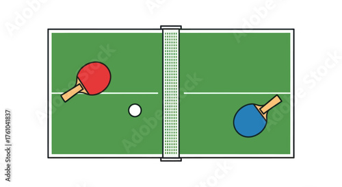Table tennis setup with paddles and ball on a green table ready for a match.