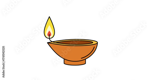 Lit Clay Diya Lamp with Flame Traditional Oil Lamp for Diwali Festival.