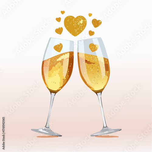 Champagnergläser mit Herzblasen und Goldglitter