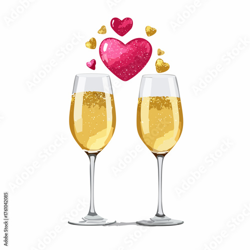 Champagnergläser mit Herzblasen und Goldglitter