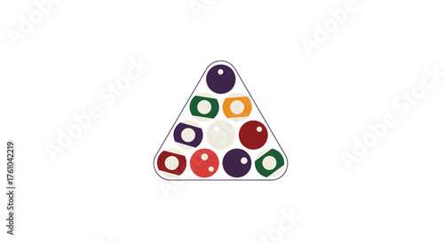 Rack of colorful billiard balls arranged in a triangular formation.