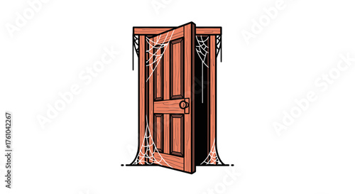 Old Wooden Door with Cobwebs Slightly Ajar Showing Signs of Neglect and Disuse.