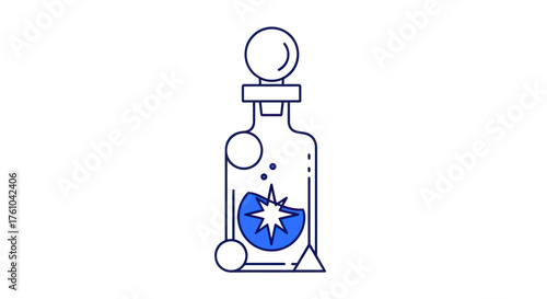 Stylized Potion Bottle with Blue Liquid and Starburst Effect.