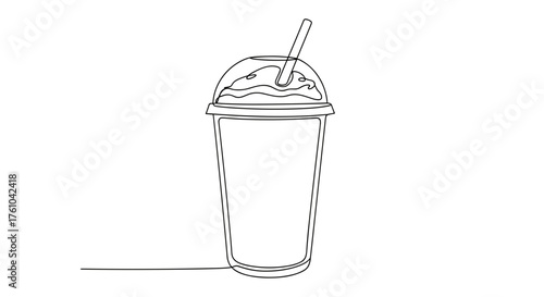 Single line illustration of a beverage cup with straw and cream  