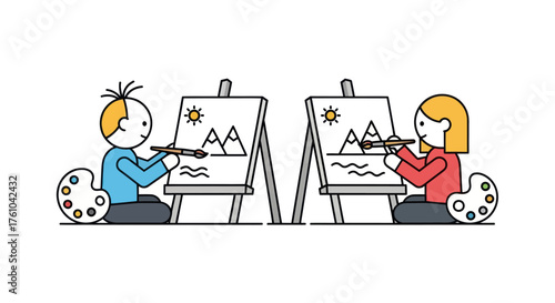 Two children happily painting landscapes on easels with paint palettes.