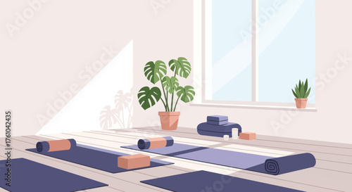 Yoga Studio Interior with Yoga Mats and Props.