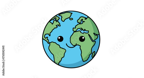 Cute cartoon Planet Earth character with a happy smiling face and big eyes.