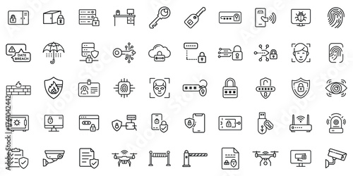 A collection of diverse cybersecurity icons depicting data protection and privacy measures.