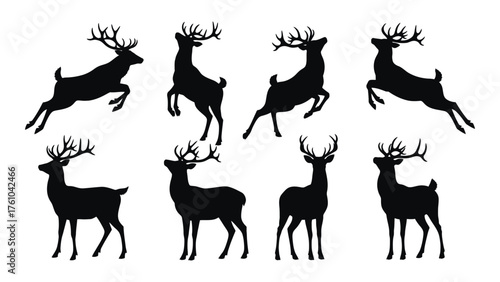 Set of black silhouette deer antlers wild animals in various poses for design silhouette
