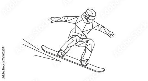Geometric Line Art of a Snowboarder in Action on a Slope.
