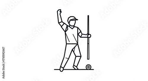 Line art illustration of a male billiard player celebrating a successful shot with cue stick and ball.