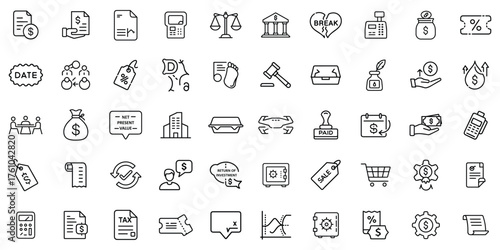 A collection of financial and legal icons illustrating various concepts in business and economics.