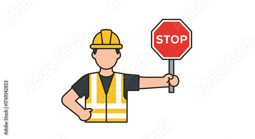 Construction Worker in Hard Hat and Safety Vest Holding a Red Stop Sign.