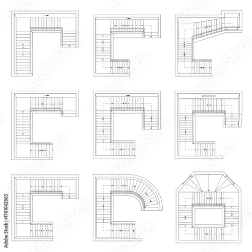 Top- Down Architectural Drawings of Various Staircase Designs blueprint stairs