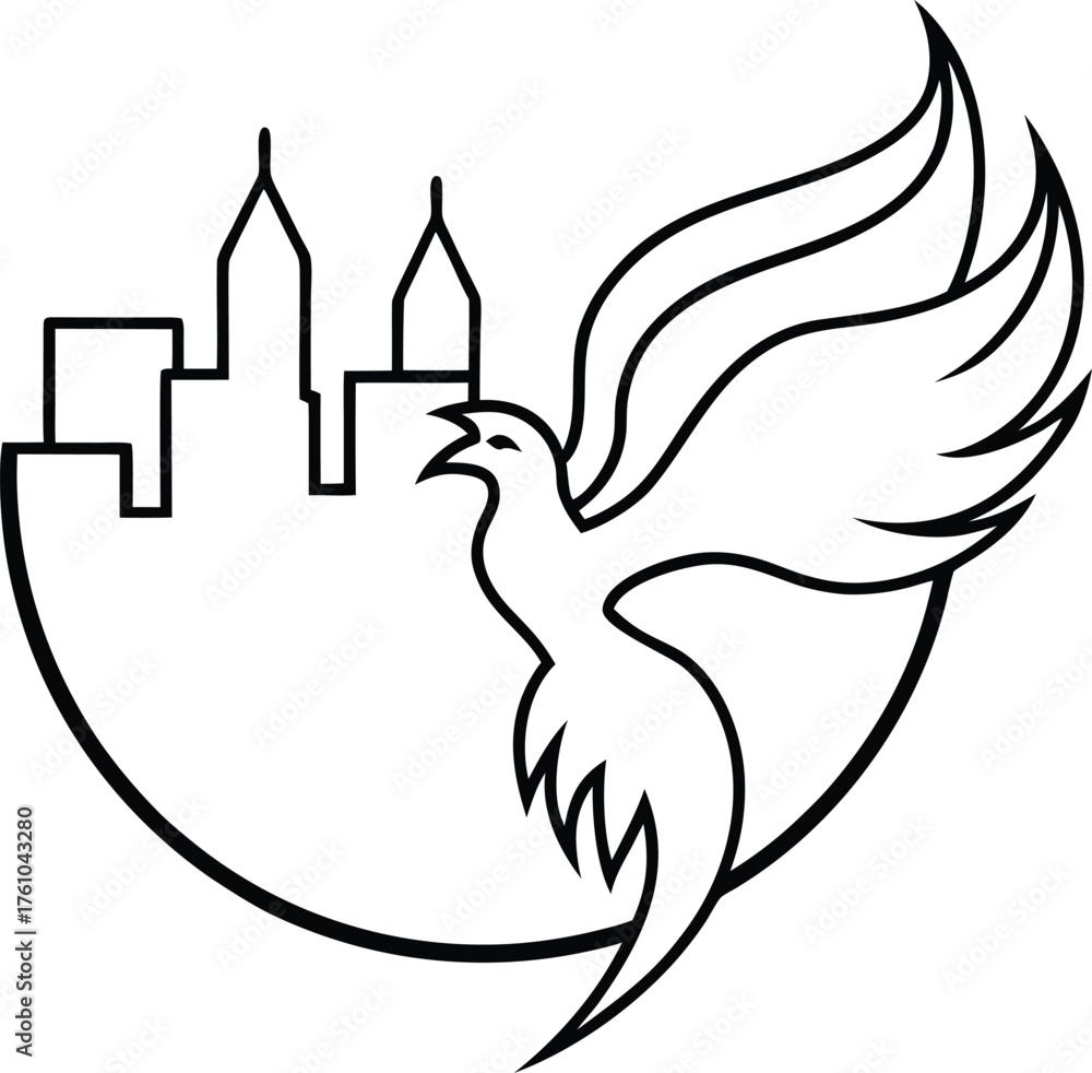 Fototapeta premium Enchanted Phoenix Flying Over City Skyline Coloring Illustration on Transparent Background