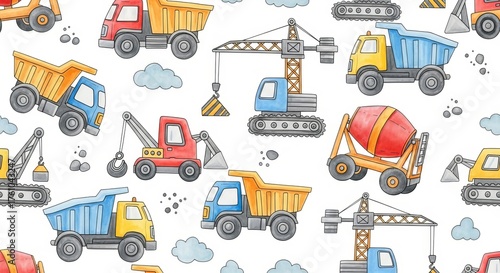 Seamless pattern featuring construction vehicles such as dump trucks cranes and cement mixers scattered