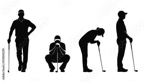 Silhouette golfers set diverse poses ready to play professional sports action silhouette