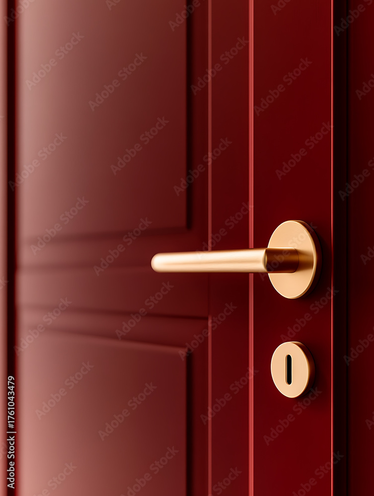 Obraz premium A close-up captures the warm tones of a burgundy door, accentuated by a sleek, gold handle and matching keyhole, evoking a sense of refined elegance and security.