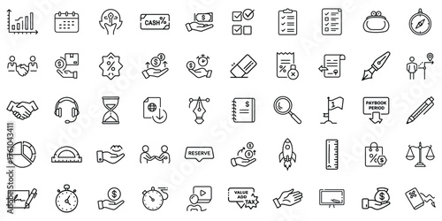 Monochrome finance and business icons illustrating various concepts including cash flow and teamwork.