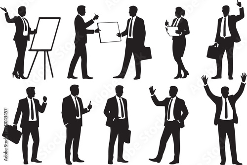 Silhouettes of Business Professionals Demonstrating Success and Teamwork in Various Poses Emphasizing Corporate Achievement and Collaborative Spirit