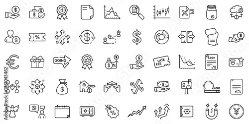 A diverse collection of financial icons showcasing transactions and statistics.
