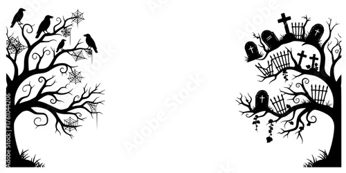 Black silhouette trees with crows and graveyard elements for Halloween  