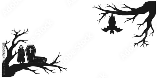 Silhouette of a zombie and coffin under a spooky tree branch  