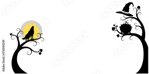 Silhouette of howling wolf and witch's hat on twisted trees  