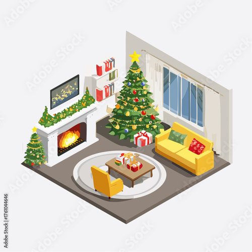 Scène de salon de Noël en 3D isométrique