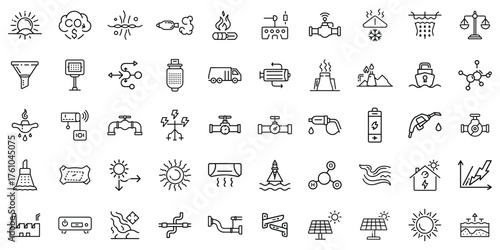 Illustrative collection of environmental and resource icons depicting energy, water, and weather elements.