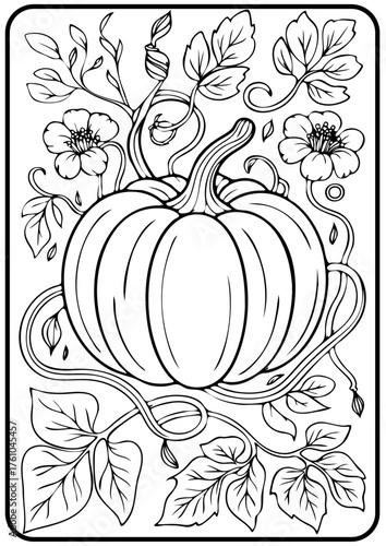 Pumpkin with Leaves and Flowers Line Art Illustration – Botanical Autumn Vector for Coloring Book