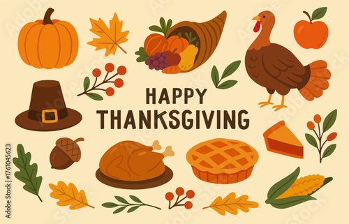 Thanksgiving day elements illustrations set. Autumn holiday items. Turkey, Pumpkin, Pilgrim hat, cornucopia and other. Vector collection