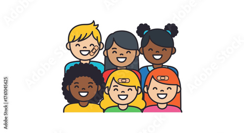Diverse children with bandages smiling together promoting health and wellness showcasing friendship and community support after vaccination