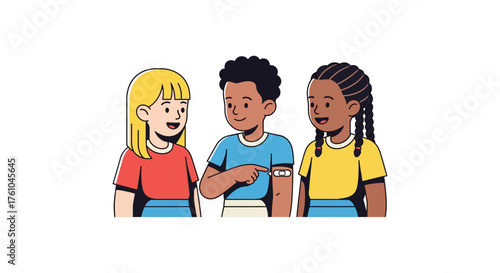 Diverse kids discussing vaccination band-aid a post-vaccination scene among school children promoting health awareness and community well-being.