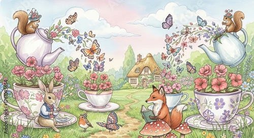 A whimsical illustration of animals in a garden with teacups, teapots, and a cottage in the background