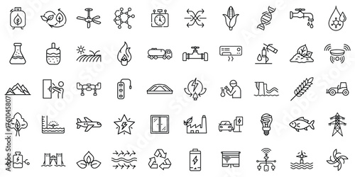 A collection of eco-friendly and renewable energy icons, featuring various symbols of sustainability.