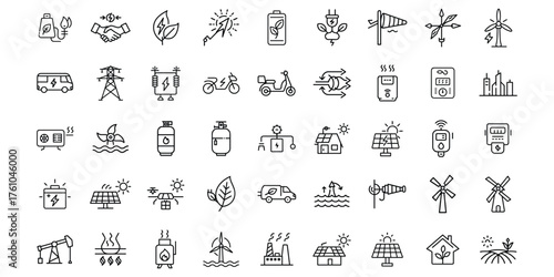 Diverse energy icons representing sustainability, innovation, and renewable sources in black and white.